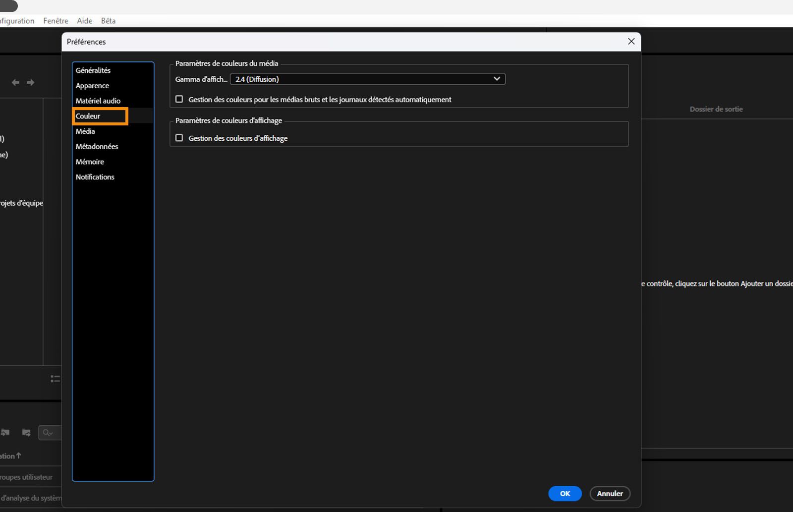 La boîte de dialogue Préférences s’ouvre, l’onglet Couleur est sélectionné et les champs et options de l’onglet Couleur s’affichent.