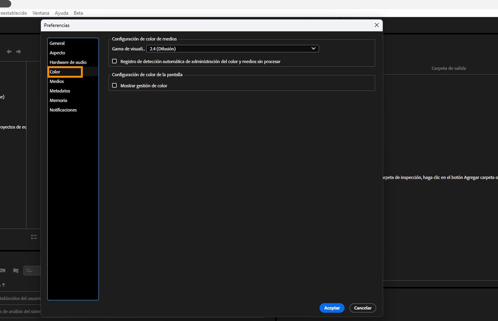 El cuadro de diálogo Preferencias está abierto, se ha seleccionado la pestaña Color y se muestran los campos y opciones de la pestaña Color.
