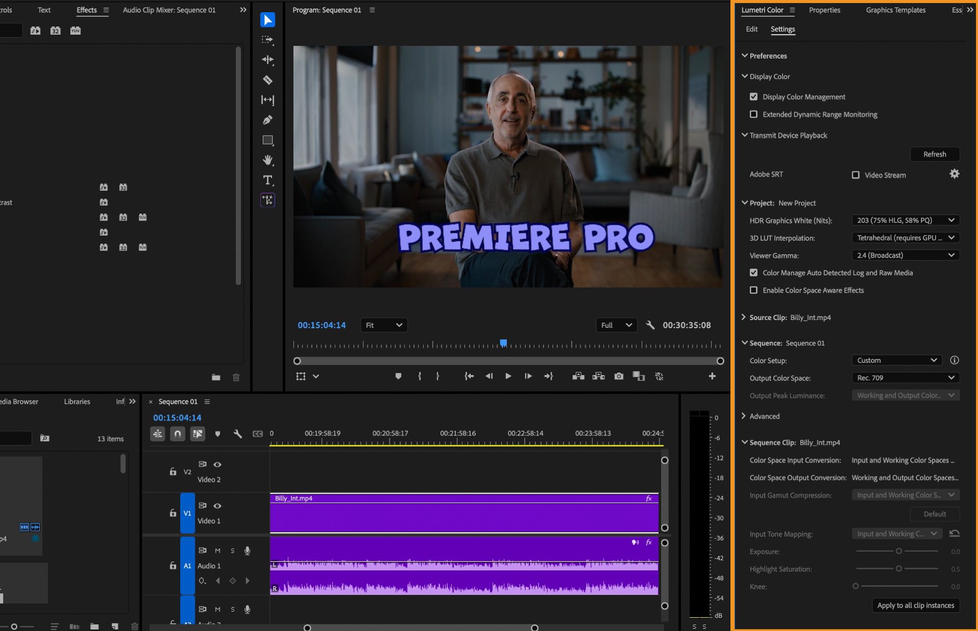 La interfaz de Premiere Pro muestra el panel Lumetri Color abierto en la pestaña Configuración, donde los usuarios pueden administrar el color de visualización, la configuración HDR, la interpolación LUT y las opciones de espacio de color para clips y secuencias.