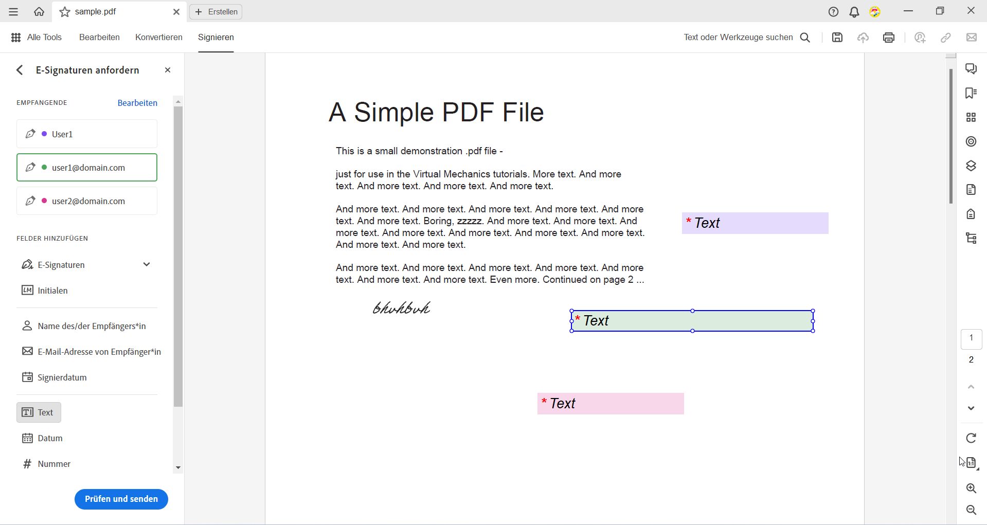 Jedes Formularfeld ist farbcodiert, je nachdem, für welche*n Empfänger*in es ausgefüllt werden soll.