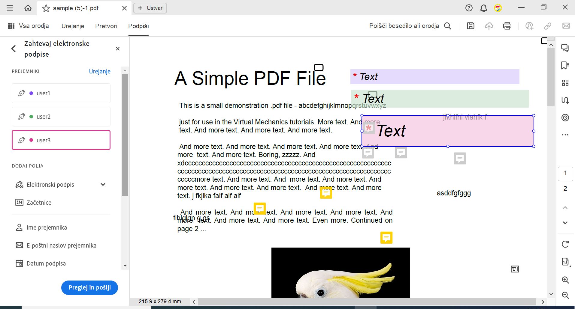 Vsako polje je obarvano z barvo, ki ustreza prejemniku, ki mora polje izpolniti.