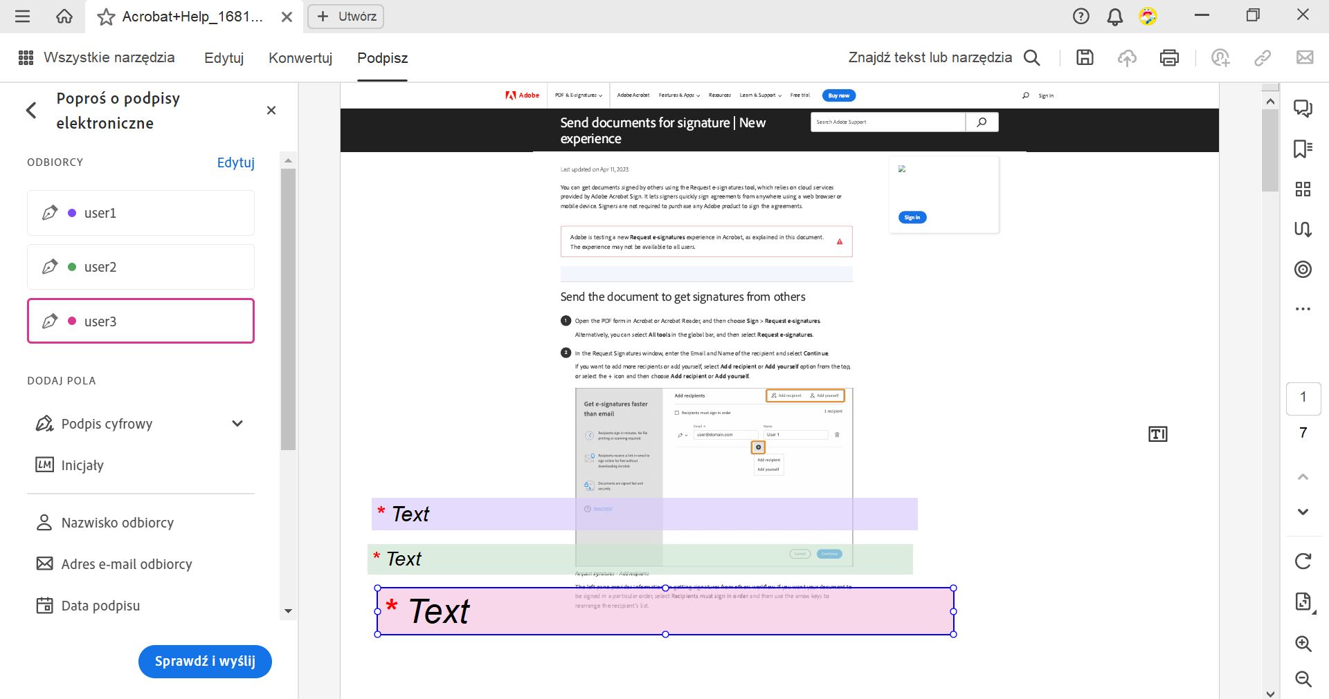 Każde pole formularza jest oznaczone kolorem na podstawie odbiorcy, który ma je wypełnić.