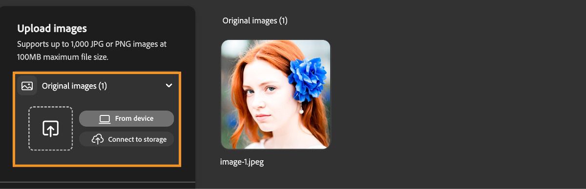 I avsnittet Överför bilder finns det alternativ för att överföra bilder från din enhet eller onlinelagring.