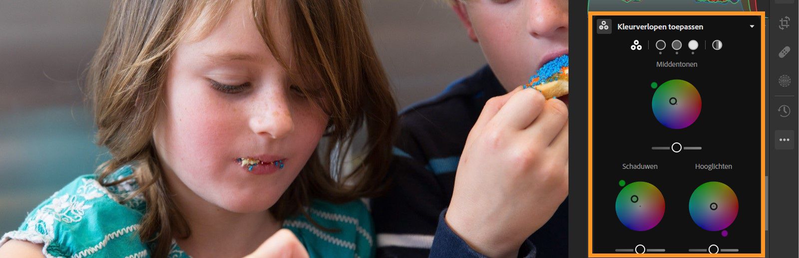 Afbeelding van twee kinderen waarbij het deelvenster Kleurverloop is gemarkeerd in het deelvenster Bewerken. Drie schuifregelaars voor Middentonen, Schaduwen en Hooglichten zijn ingesteld.
