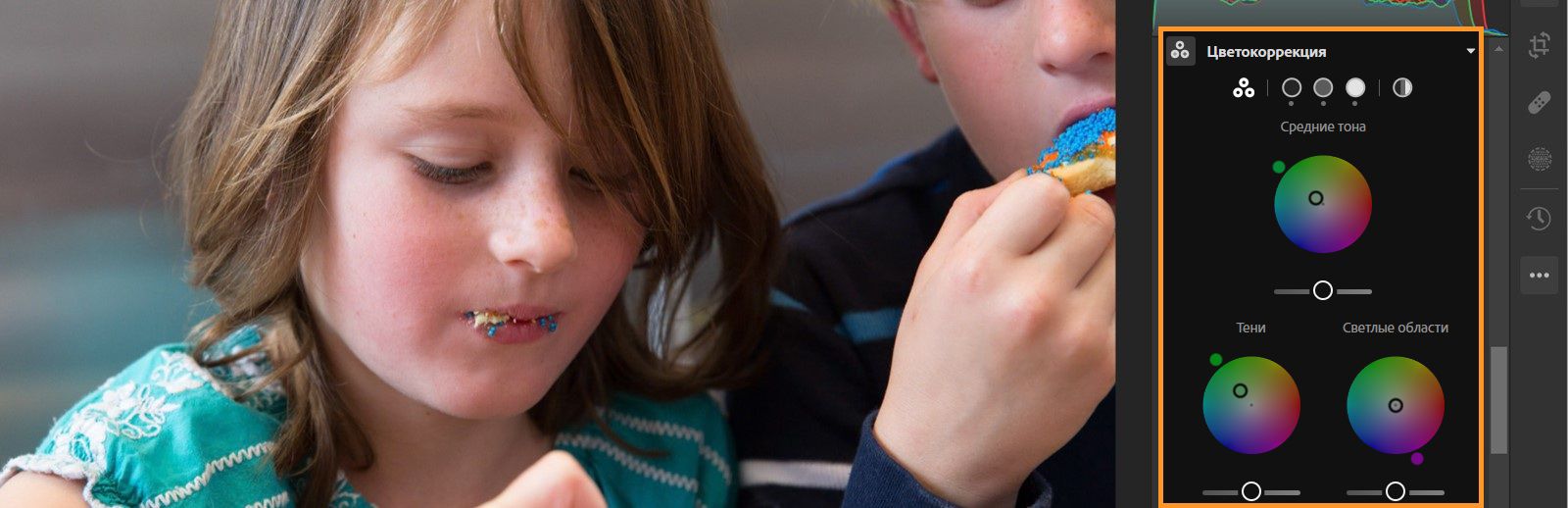 На изображении два ребенка, а на панели редактирования выделена панель «Цветокоррекция». Настроены три ползунка «Средние тона», «Тени» и «Светлые области».