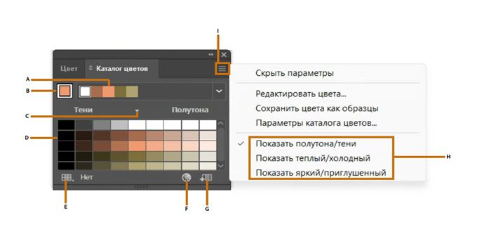 Диалоговое окно панели «Каталог цветов»