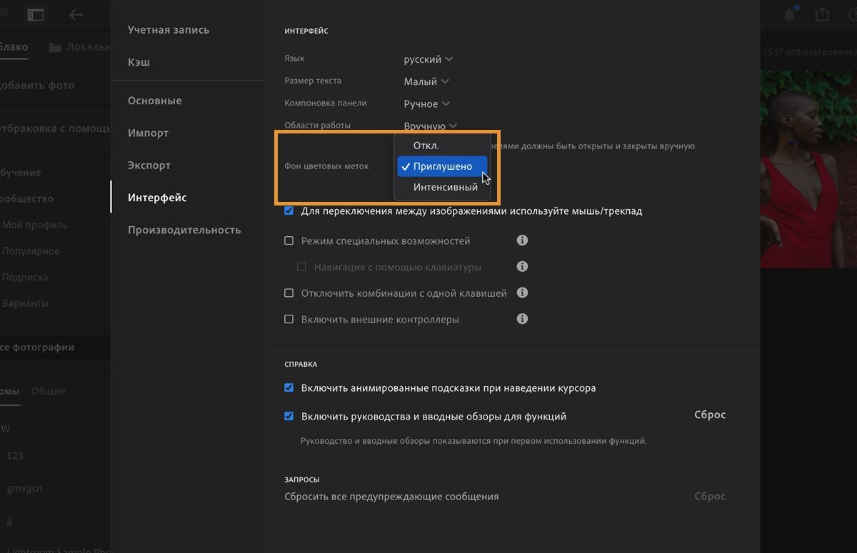 Открыта панель «Установки» в Lightroom для ПК.
