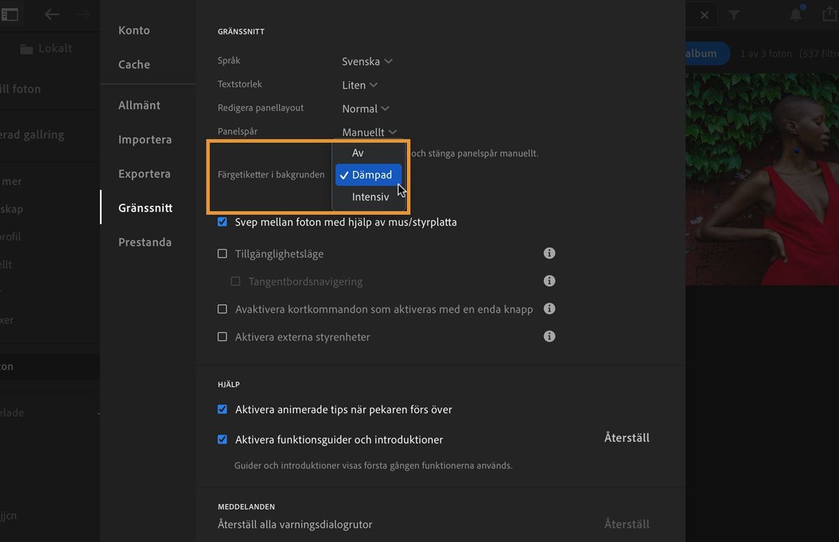 Inställningspanelen i Lightroom på datorn är öppen.