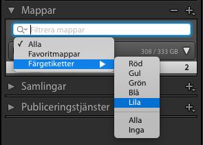Filtrera mappar med färgetiketter i panelen Mappar