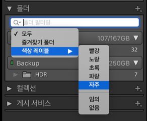 폴더 패널에서 색상 레이블이 있는 폴더 필터링