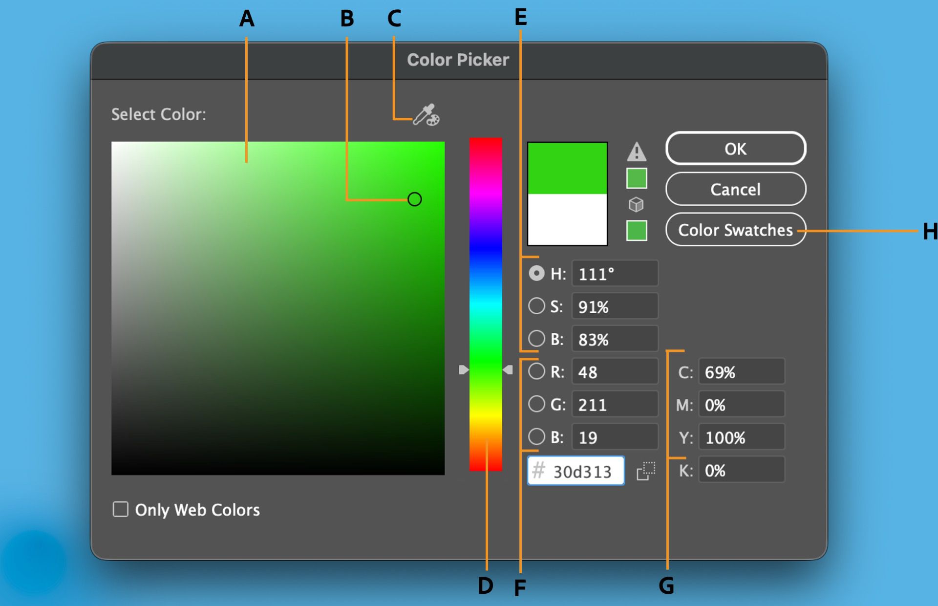 The Color Picker dialog box displays the following options: Select Color column, Circular color marker, Color Picker, Color spectrum bar, HSB color values, Color Swatches, CMYK color values, RGB color values, and Color slider.