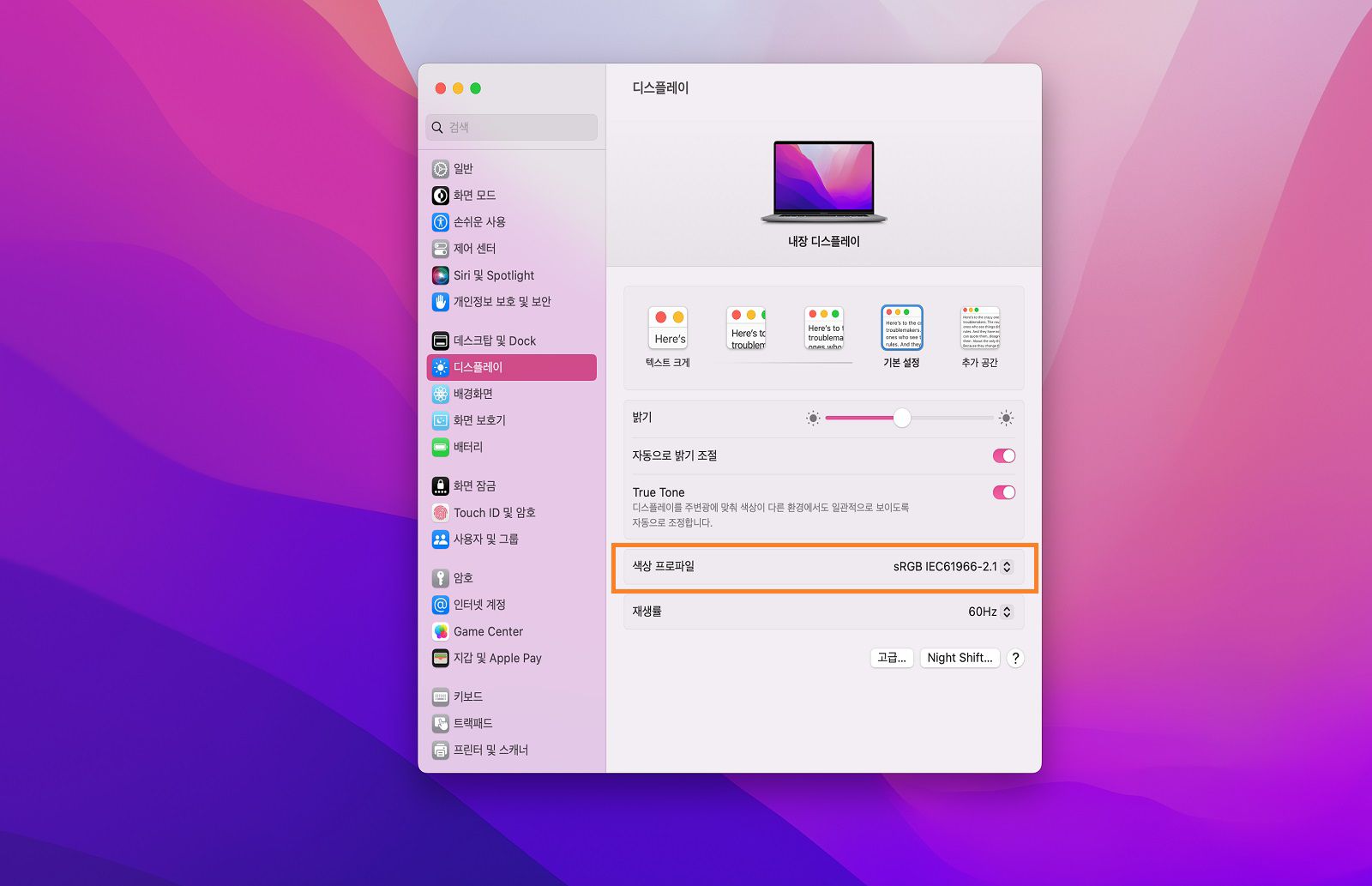 디스플레이 패널의 색상 프로필 드롭다운 목록에서 sRGB IEC61966-2.1 옵션이 선택됩니다.