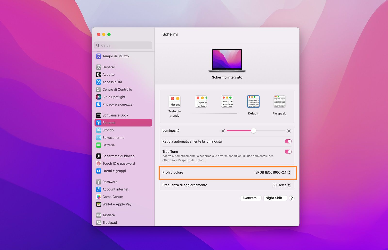 L'opzione sRGB IEC61966-2.1 è selezionata dall'elenco a discesa Profilo colore nel pannello Display.