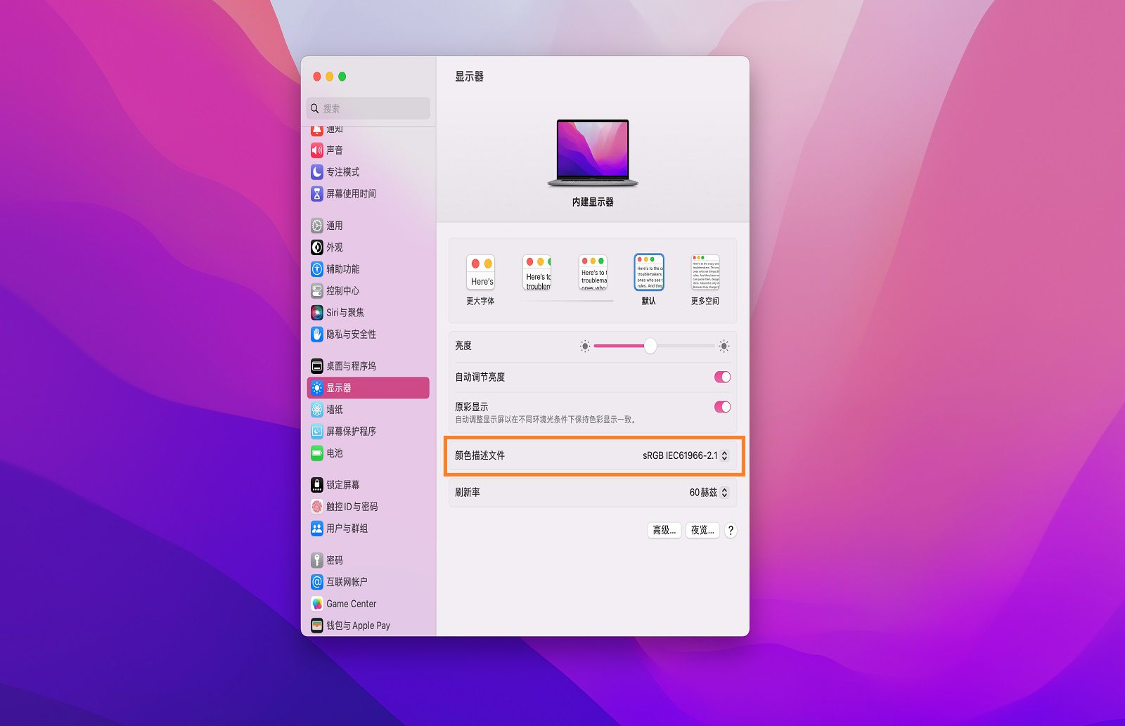 从“显示器”面板的“颜色配置文件”下拉列表中选择了 sRGB IEC61966-2.1 选项。