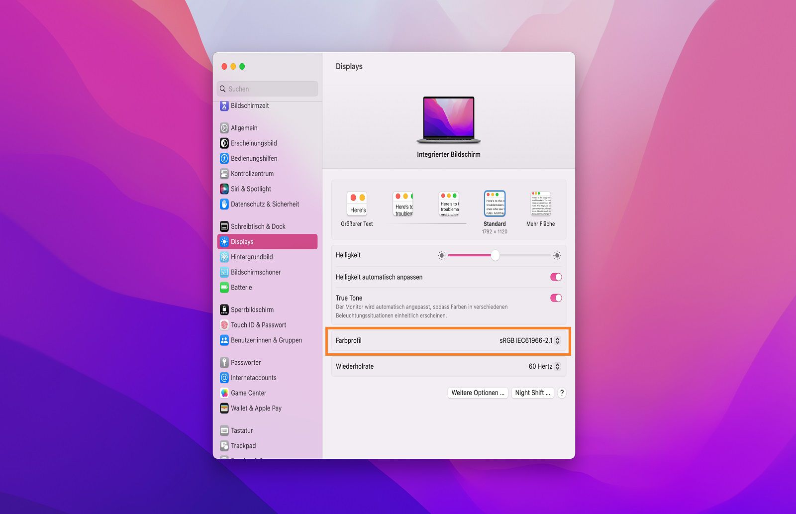 Im Bedienfeld „Anzeigen“ wird in der Dropdown-Liste „Farbprofil“ die Option „sRGB IEC61966-2.1“ ausgewählt.