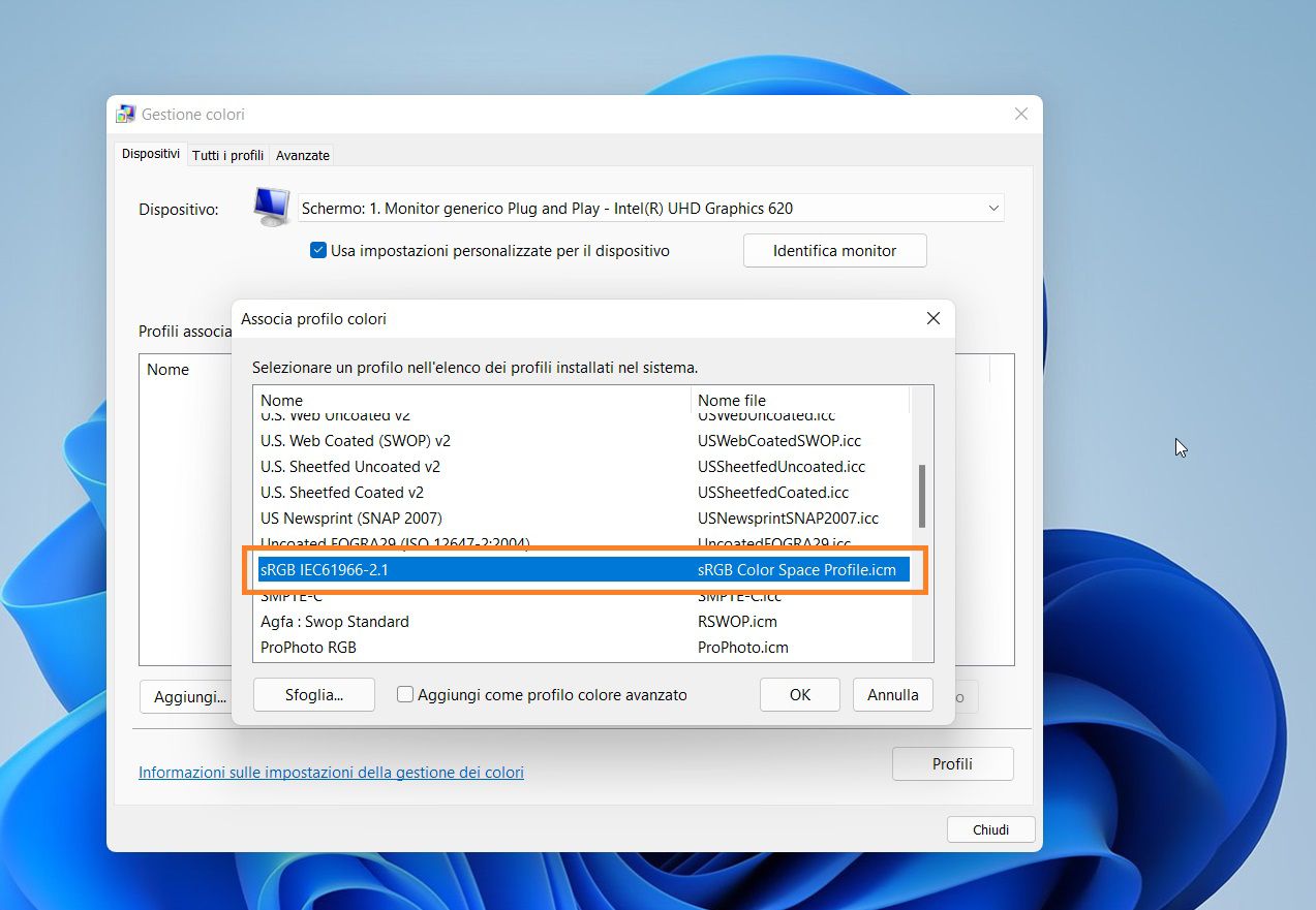 Viene aperta la finestra a comparsa Associa profilo colori in cui è selezionato sRGB IEC61966-2.1.