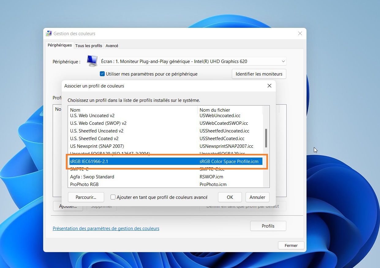 La fenêtre contextuelle Associer un profil de couleur s’ouvre et sRGB IEC61966-2.1 est sélectionné.