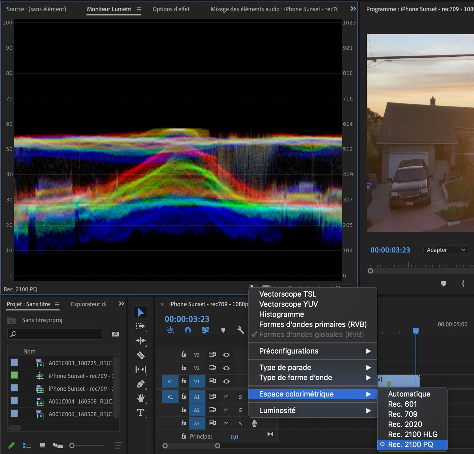 Définition de l’espace colorimétrique dans le panneau des domaines Lumetri
