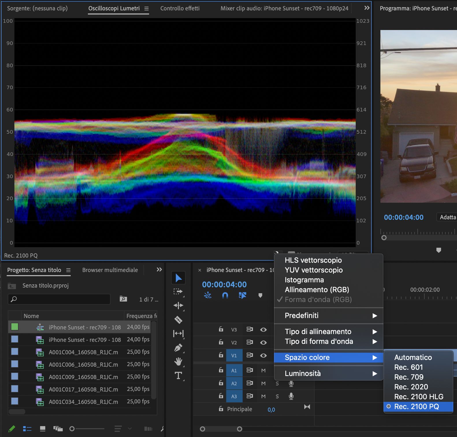 Impostazione dello spazio cromatico nel pannello Ambiti Lumetri