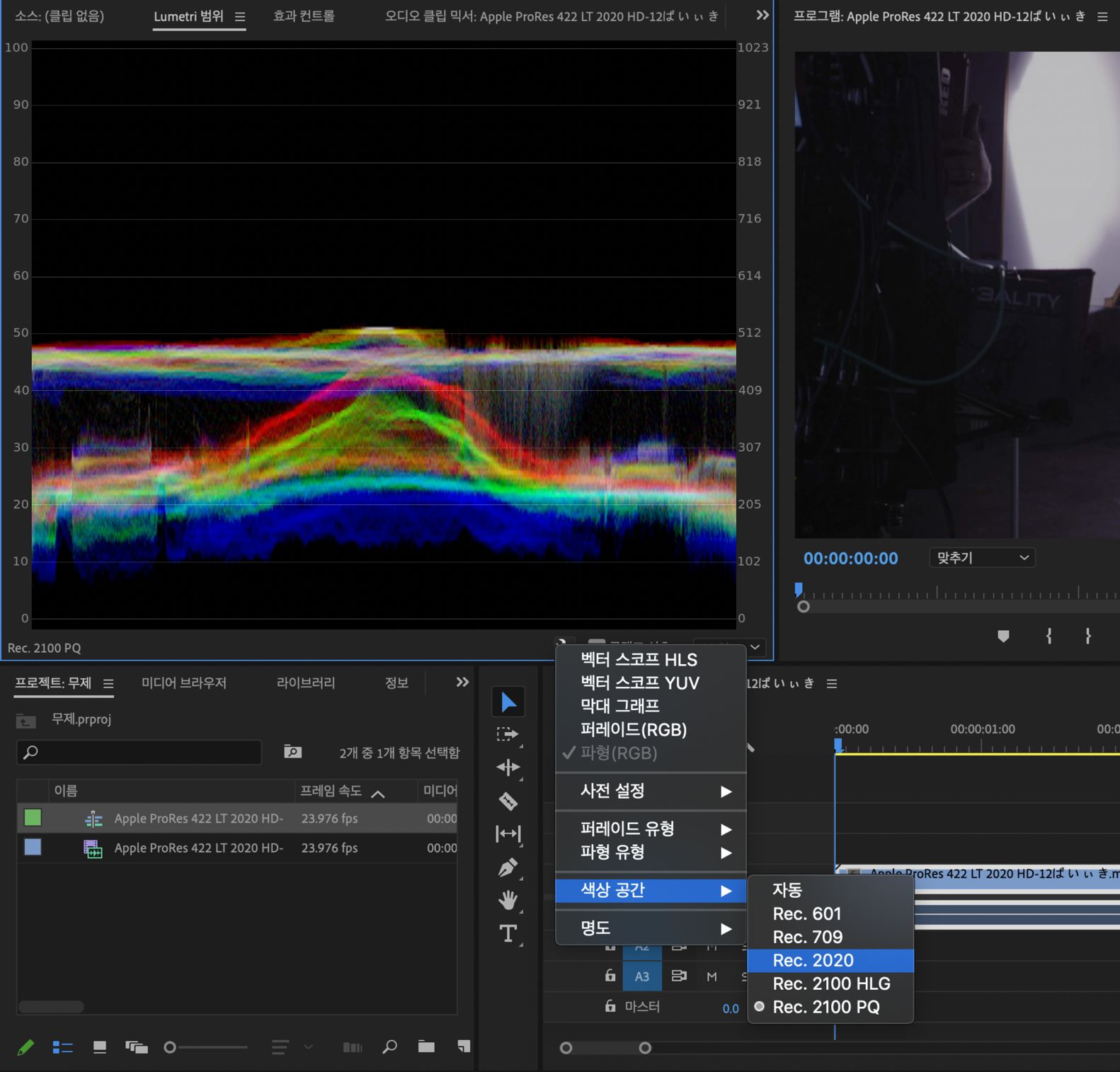 [루메트리 범위] 패널에서 색상 공간 설정