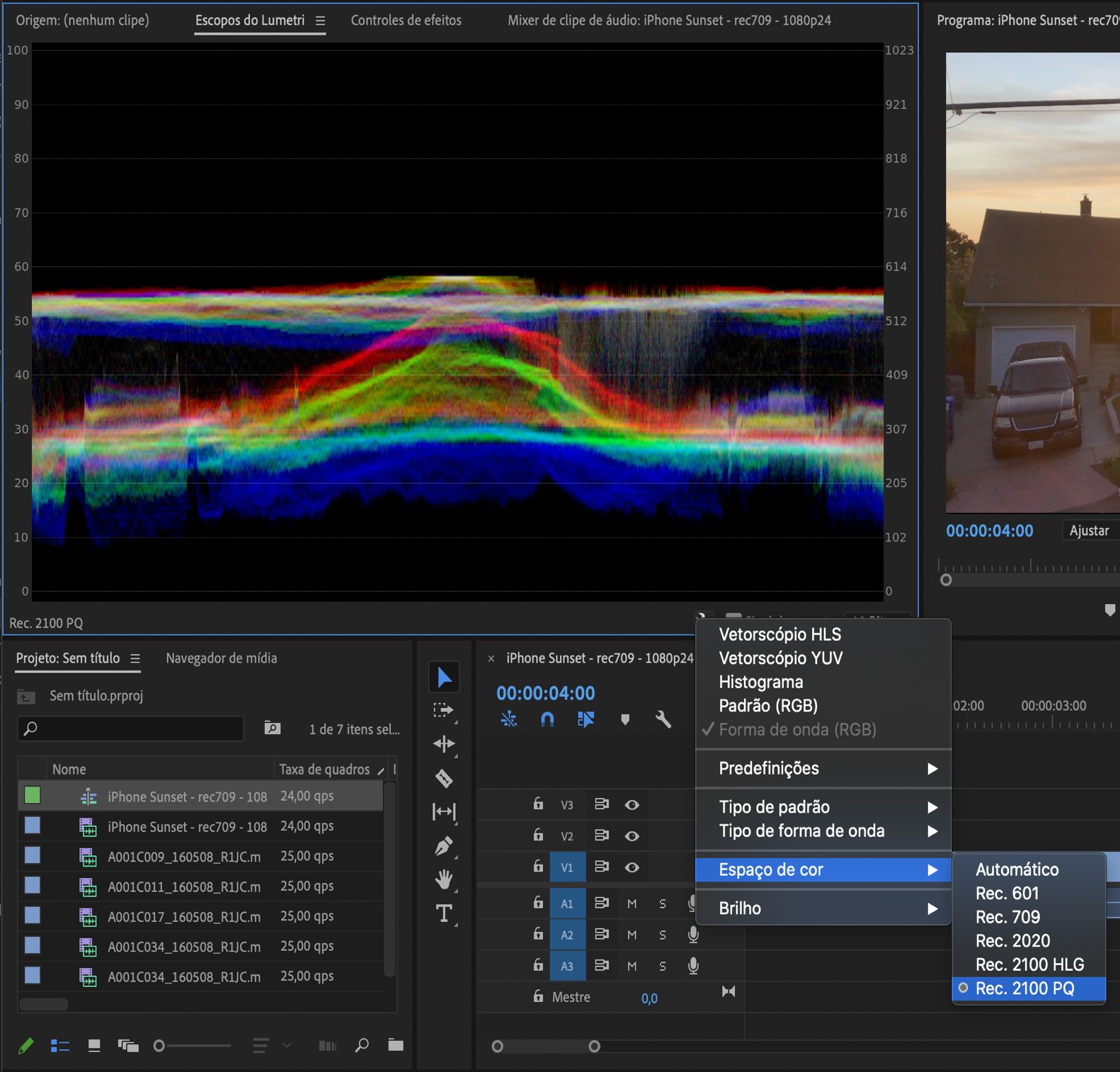 Configurar o espaço de cores no painel Escopos Lumetri