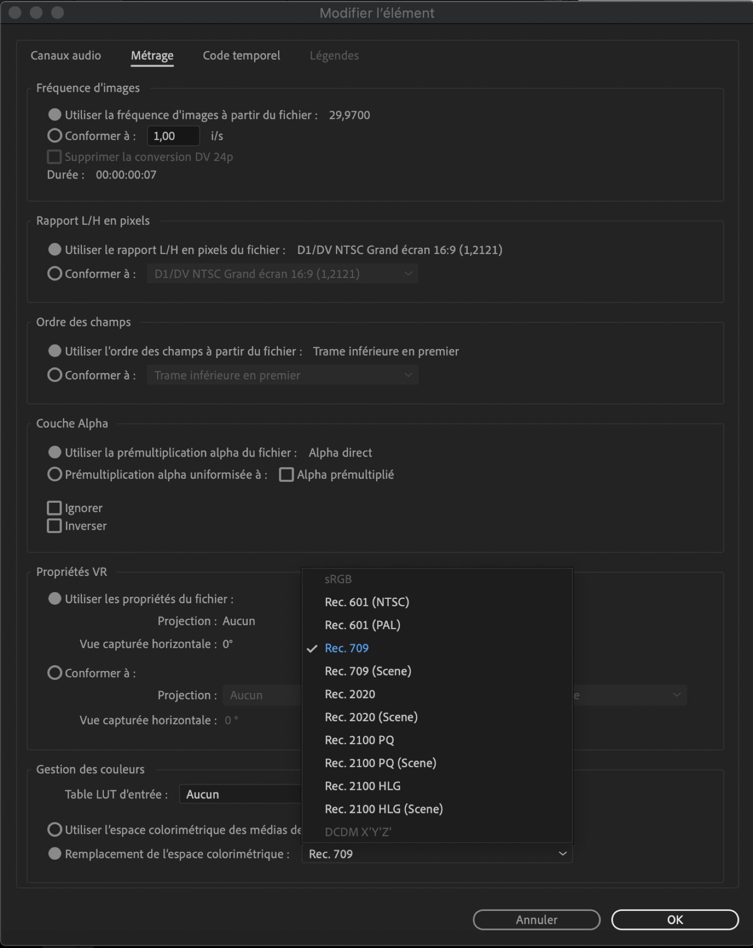 Remplacement de l’espace colorimétrique