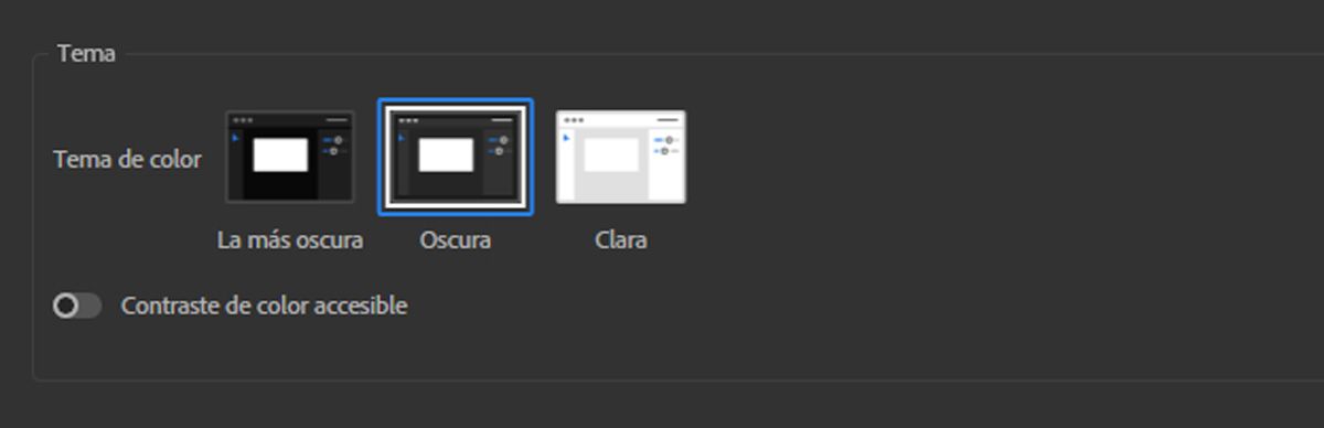 El panel Aspecto está abierto y, en la sección Tema, hay tres temáticas de color para seleccionar: el más oscuro, oscuro y claro. Actualmente, se selecciona el tema de color oscuro.