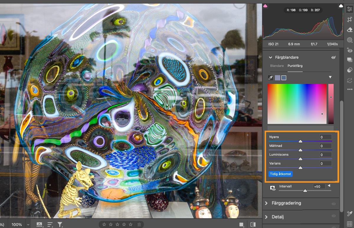 en bild som tagits genom ett fönster med framträdande reflektion, Punktfärgspanelen markeras på redigeringspanelen i Camera Raw.