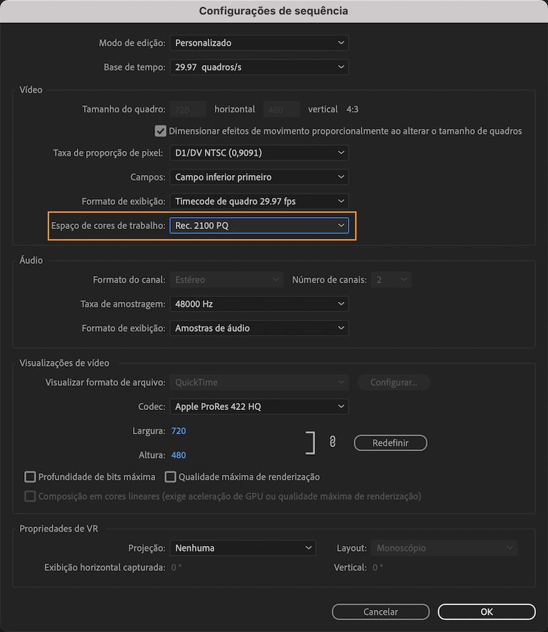 Configuração do espaço de trabalho de cores