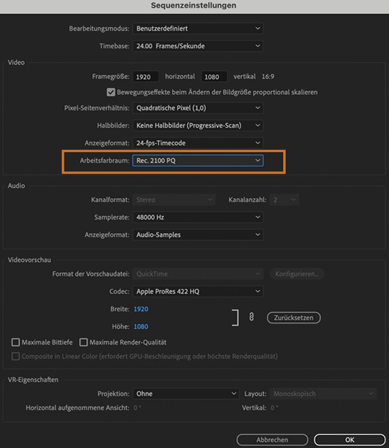 Festlegen des Farbarbeitsraums