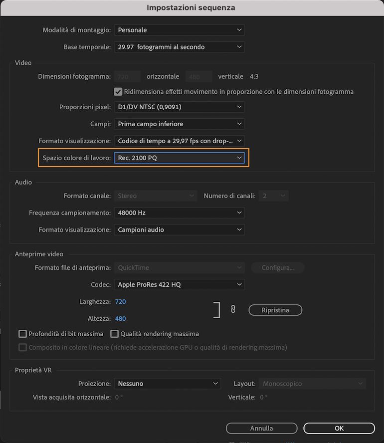 Impostazione dello spazio colore di lavoro
