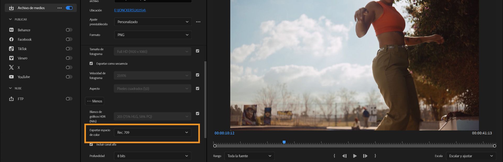 Configuración de exportación en Premiere Pro con la opción Exportar espacio de color resaltada y Rec.709 seleccionada en el menú desplegable.