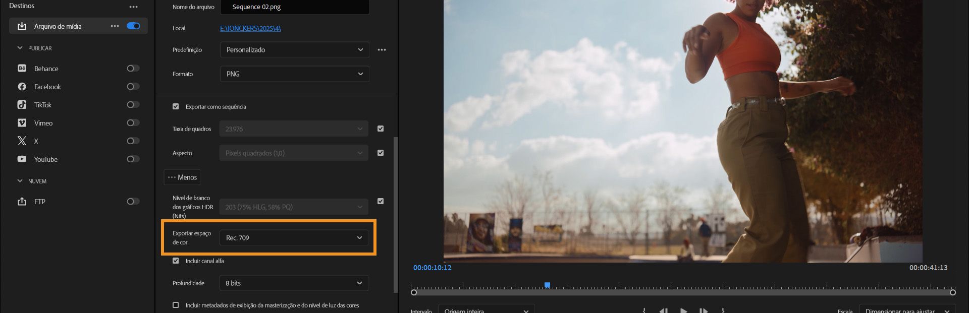 Configurações de exportação no Premiere Pro com a opção Exportar espaço da cor realçada e Rec.709 selecionado no menu suspenso.
