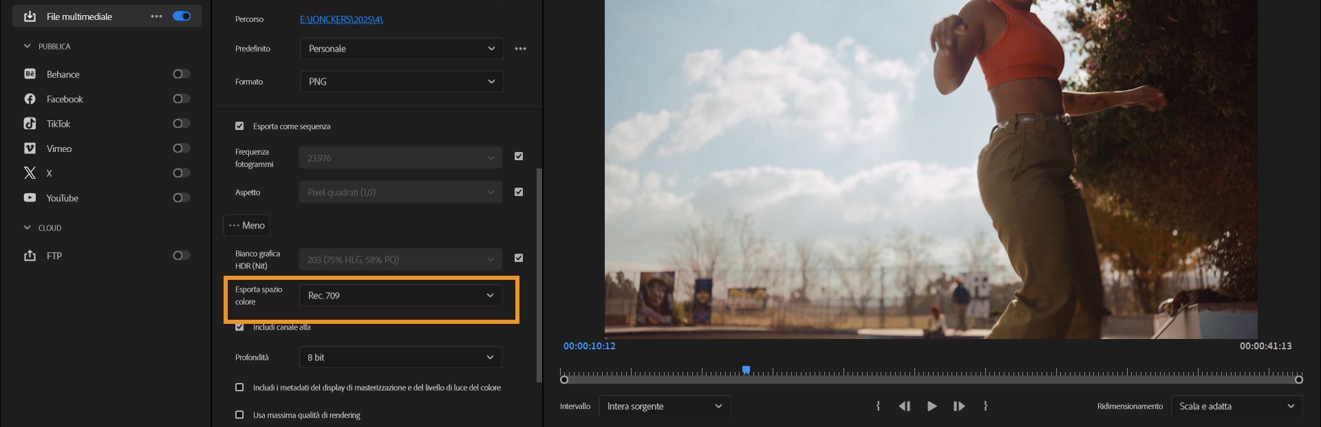Impostazioni di esportazione in Premiere Pro con l’opzione Esporta spazio colore evidenziata e Rec.709 selezionata nel menu a discesa.