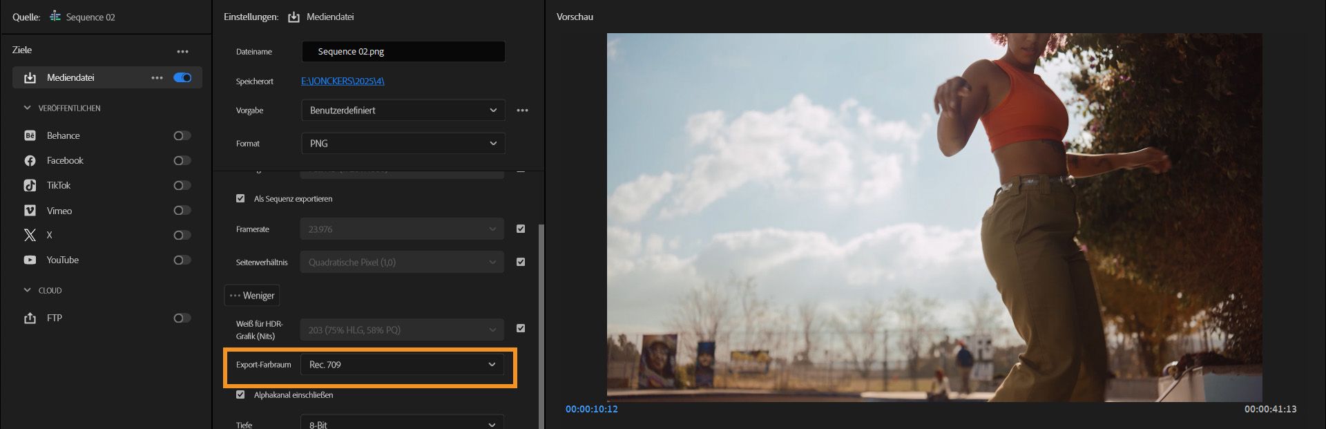 Exporteinstellungen in Premiere Pro mit der hervorgehobenen und im Dropdown-Menü „Rec.709“ ausgewählten Option „Farbraum exportieren“.