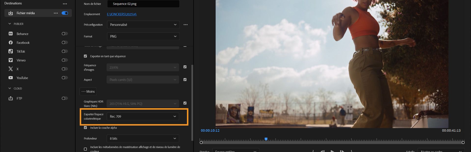 Paramètres d’export dans Premiere Pro avec l’option Espace colorimétrique d’export mis en surbrillance et Rec.709 sélectionnée dans le menu déroulant.