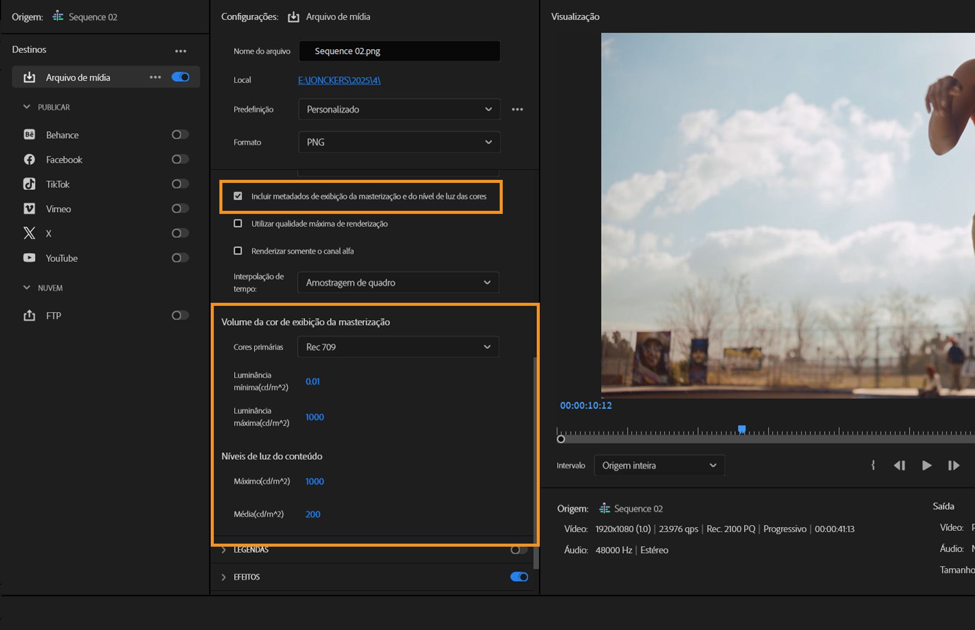 As configurações de exportação no Premiere Pro mostram a opção Incluir exibição de masterização e Metadados de nível de luz de cor ativada, com campos para cores primárias, intervalo de luminosidade e níveis de luz de conteúdo visíveis.