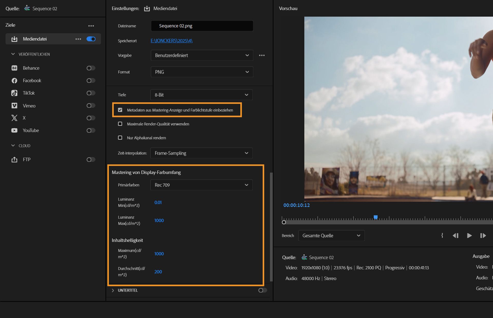 Exporteinstellungen in Premiere Pro mit aktivierter Option „Metadaten aus Mastering-Anzeige und Farblichtstufe einbeziehen“, wobei die Felder für Primärfarben, Luminanzbereich und Inhaltshelligkeit sichtbar sind.