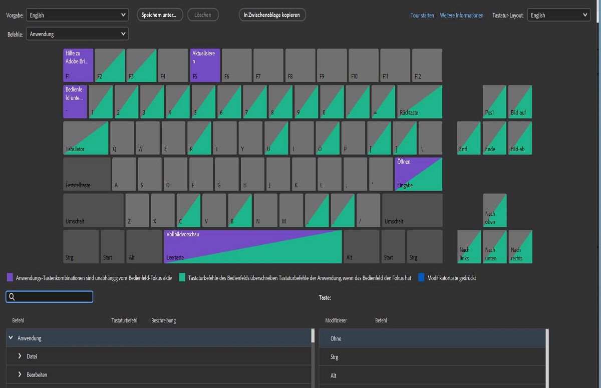 Erkunde die verschiedenen Farbcodierungen im Tastaturbefehl-Bedienfeld zur leichteren Erkennbarkeit.