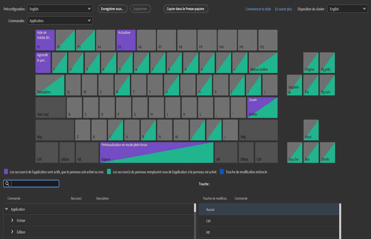 Explorez différents codes couleur dans le panneau Raccourcis clavier pour faciliter l’identification.