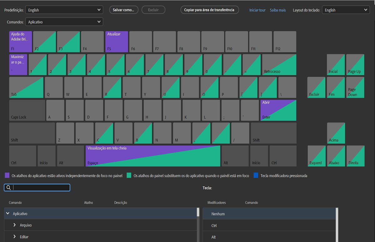 Explore a codificação por cores diferentes no painel Atalhos do teclado para facilitar a identificação.