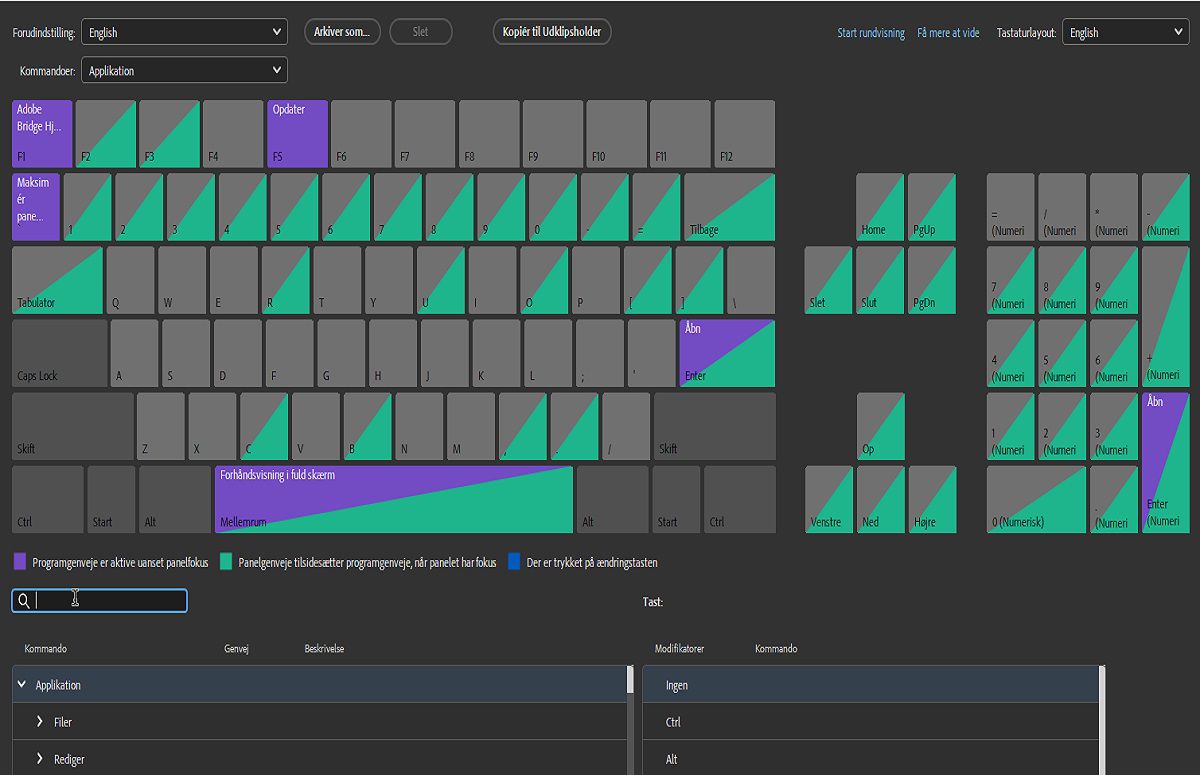 Se forskellige farvekoder i panelet Tastaturgenveje for nem identifikation.