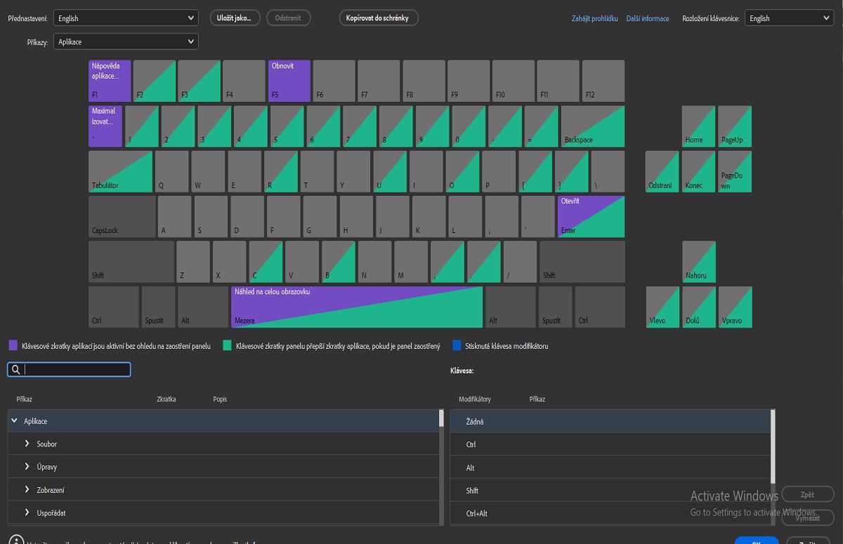 Prozkoumejte různá barevná kódování usnadňující identifikaci na panelu klávesových zkratek.