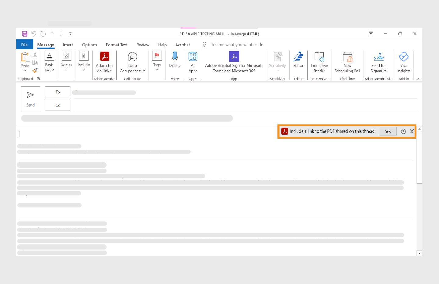 系統會開啟 Outlook，並強調顯示回覆電子郵件時包含 PDF 連結的選項。 