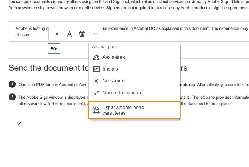 Selecione Espaçamento de caracteres para texto encaixado.