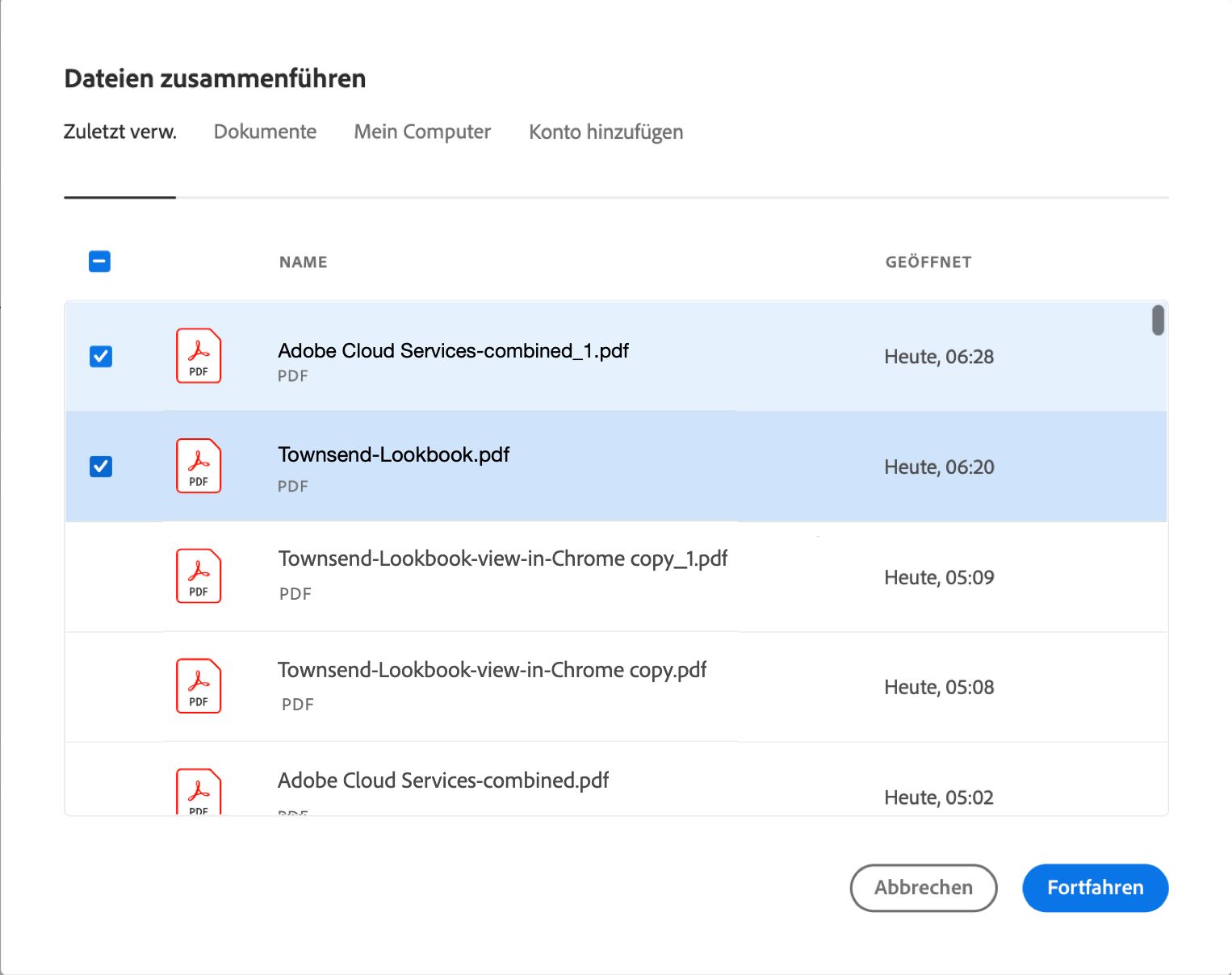 Datei aus den Listen „Zuletzt“ oder „Dateien“ auswählen