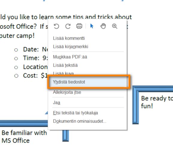Tiedostojen yhdistäminen hiiren kakkospainikkeella avattavasta pikavalikosta