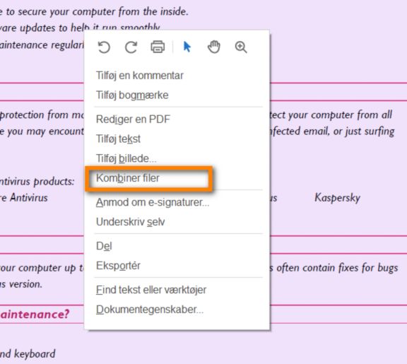 Kombiner filer fra genvejsmenuen med højreklik