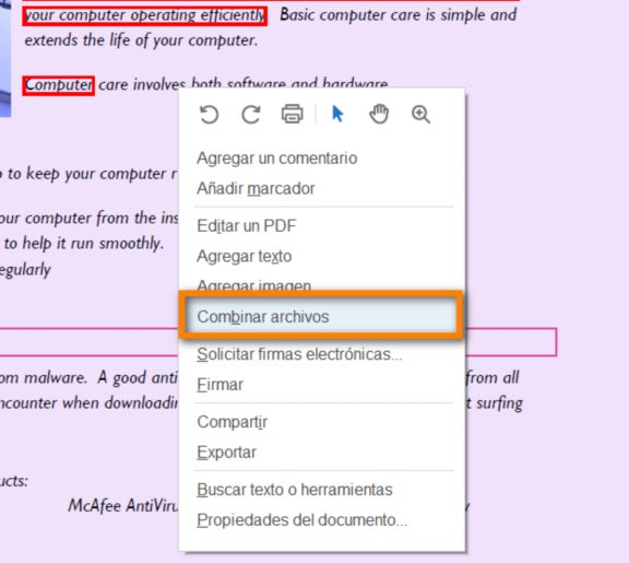 Combinar archivos desde el menú contextual del botón derecho del ratón