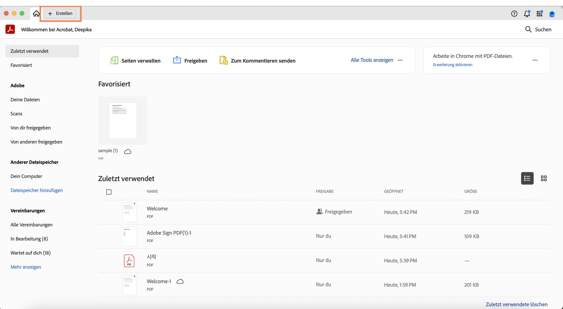 Acrobat ist in der Startansicht geöffnet und oben links ist die Option „Erstellen“ markiert. 